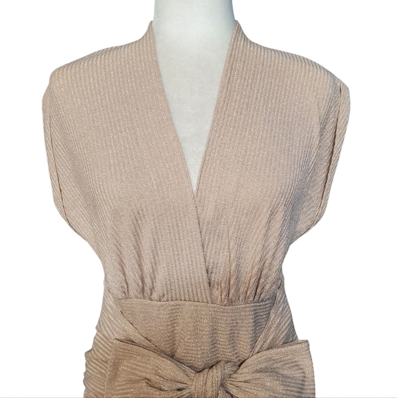 Express Beige Metallic Ribbed Faux Wrap Tie Front Top Size Medium - Picture 3 of 13